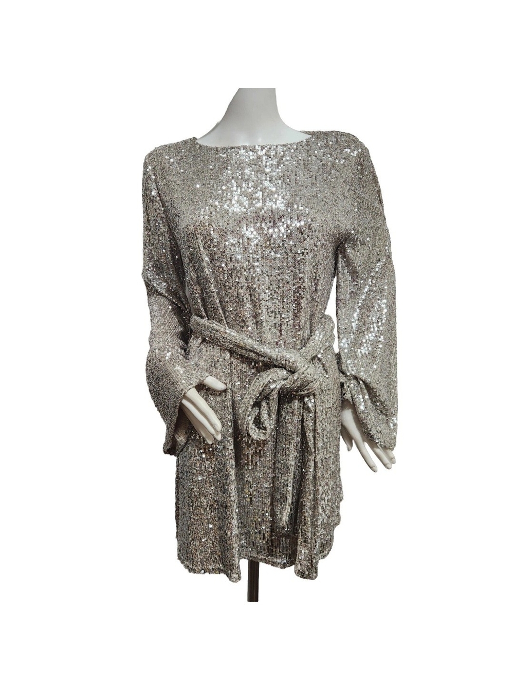 Gianni Bini Women's Size S Sequin Dress Tie Waist Silver Long Sleeve NWT 07